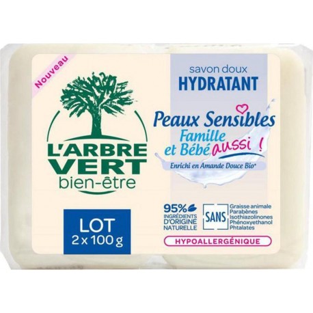 L'Arbre Vert Savon Doux Hydratant Peaux Sensibles Famille et Bébé à l’Amande Douce Bio par 2 de 100g