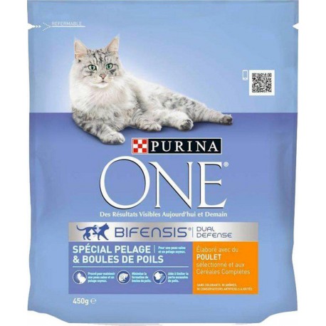 Purina One Croquettes Chat Pelage et Boules de Poils Poulet 450g (lot de 6)
