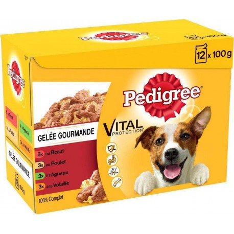 PEDIGREE Chien Sachet Gelée Gourmande 4 variétés Boeuf Poulet Agneau Volaille 12x100g 1.2Kg