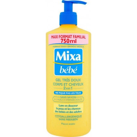 Mixa Bébé Gel Douche Très Doux Corps et Cheveux 2 en 1 à l’Huile d’Amande Douce Format Familial 750ml