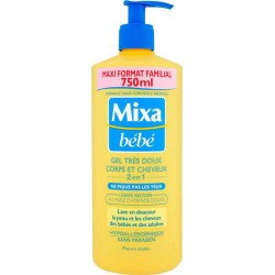 Mixa Bébé Gel Douche Très Doux Corps et Cheveux 2 en 1 à l’Huile d’Amande Douce Format Familial 750ml