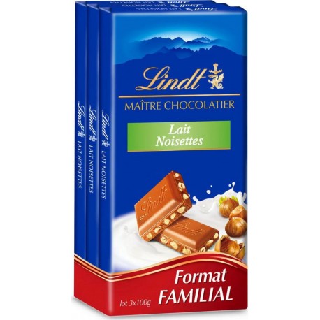 LINDT CHOCOLAT Lait Noisettes 3x100g 300g