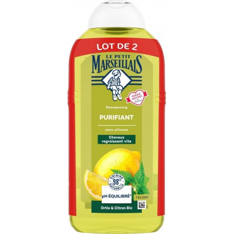 LE PETIT MARSEILLAIS Shampoing Purifiant Cheveux regraissant vite Ortie et Citron Bio lot de 2 flacons de 300ml