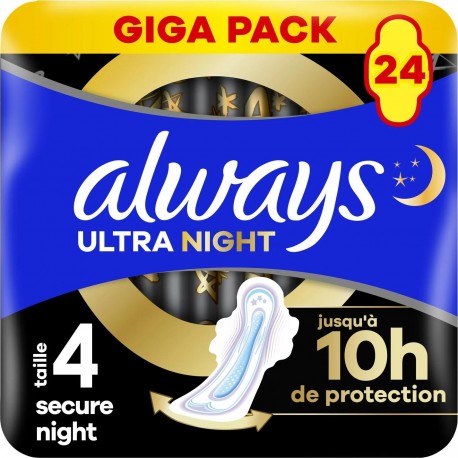 ALWAYS ULTRA SECURE NIGHT SERVIETTES SANITAIRES SAC NON PARFUME 24CT 4CT AVEC AILETTE ULTRA MINCE NUIT SERVIETTE HYGIENIQUE