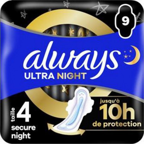 ALWAYS ULTRA SECURE NIGHT SERVIETTES SANITAIRES SAC NON PARFUME 9CT 1CT AVEC AILETTE ULTRA MINCE NUIT SERVIETTE HYGIENIQUE