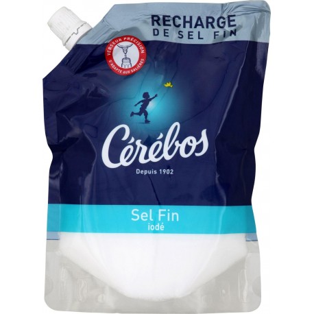 Cérébos Sel Fin Iodé Recharge avec Bec Verseur 500g (lot de 10)