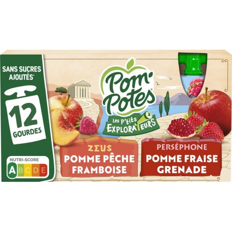 POM'POTES Compotes Pomme Pêche Framboise et Pomme Fraise Grenade 12 gourdes