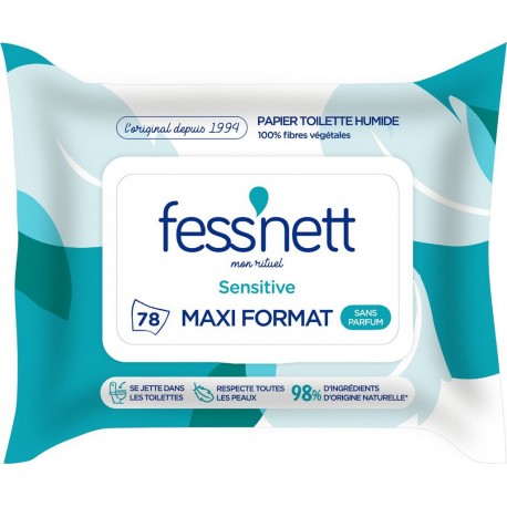 FESS'NETT Papier toilette Humide Maxi Format Sans Parfum Se Jette Dans Les Toilettes 100% Fibres Végétales Biodégradable 98% D'I