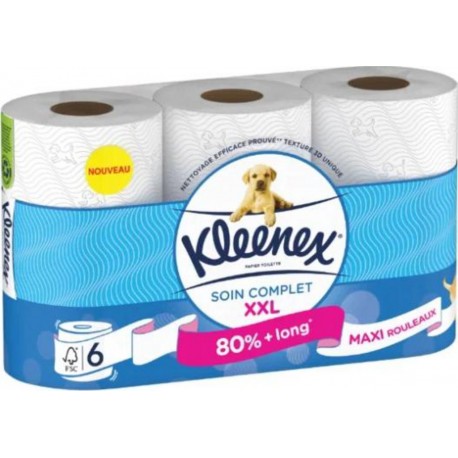 KLEENEX SOIN COMPLET PAPIER TOILETTE ROULEAUX SOUS FILM PLASTIQUE 6RL 1CT PAPIER OUATE BLANC 2 EPAISSEUR